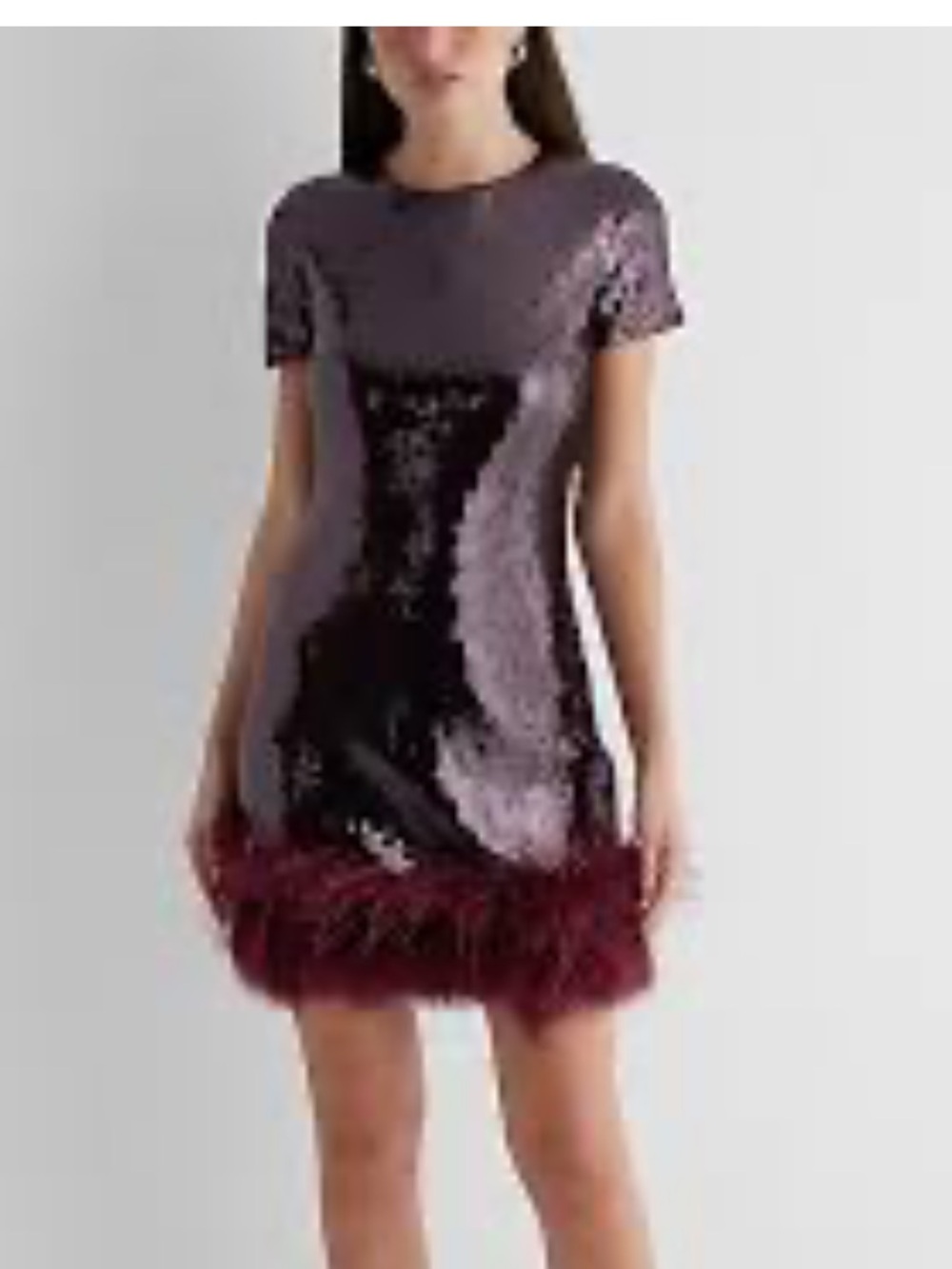 Express Sequined Mini Dress with Feather Hem in Burgundy Size XS